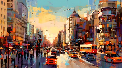Digital painting of a crowd of people walking on the street at sunset