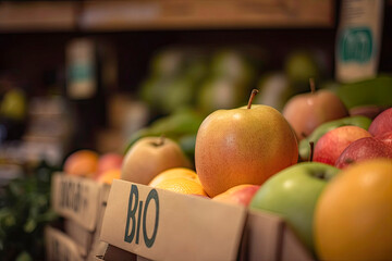 Obraz na płótnie Canvas Bio Organic Fruits on Supermarket Shelf