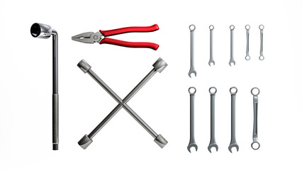 3D rendering, Realistic mock up mechanic equipment collection, wrench, pliers, isolated on white background.