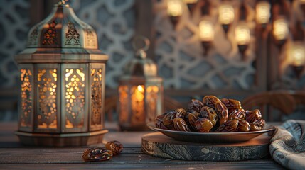 Ramadan concept. Dates close-up in the foreground. Ramadan Lanterns and a bowl of date on a wooden table. wall background. Space for text on the right. iftar concept image. Ramadan kareem 3d image.