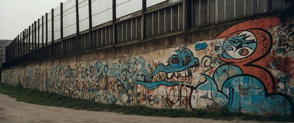 Old part of the berlin wall painted with graffiti. Generative AI.