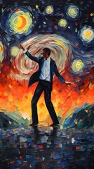 Artistic oil painting of a young man in a suit dancing.