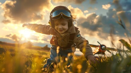 A young child is wearing a helmet and goggles while standing in a field with Airplane (Plane). The child appears ready for outdoor activities or sports, with protective gear in place. - Powered by Adobe