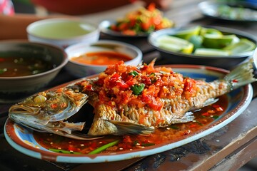 Delectable Deep-Fried Fish with Sweet and Sour Chili Sauce,a Flavorful Thai Culinary Delight - obrazy, fototapety, plakaty