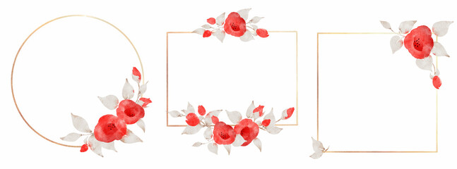 Glitter golden frames set decorated with red watercolor hibiscus flowers and leaves wreath isolated on white background.