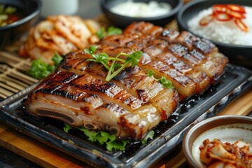 Grilled Pork Belly Samgyeopsal Dish with Garnishes and Side Plates for Traditional Korean Cuisine Dining Experience
