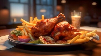 fried chicken legs with french fries and vegetables on the table in a restaurant - obrazy, fototapety, plakaty