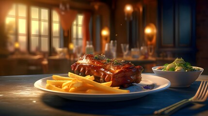 Grilled pork loin with french fries on a restaurant table. - obrazy, fototapety, plakaty