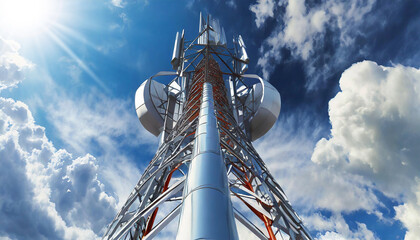 Aerials on blue sky with clouds. Close-up and bottom view of a communications tower for mobile phone. Generative Ai. - obrazy, fototapety, plakaty