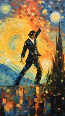 Original oil painting of a man in a suit and hat dancing in the sun