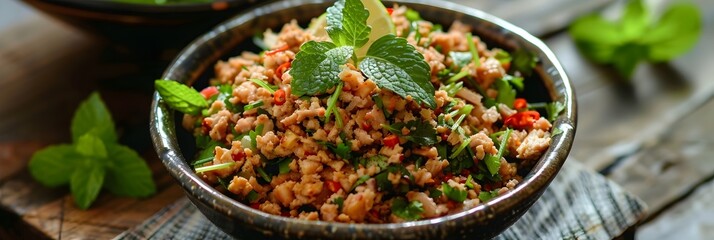 Savory and Aromatic Laab:A Flavorful Northern Thai Minced Meat Salad - obrazy, fototapety, plakaty