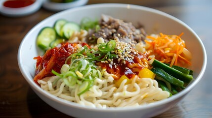 Savory Korean Spicy Cold Noodle Dish with Flavorful Toppings