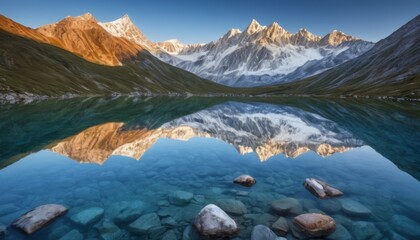 The setting sun casts a warm glow over a pristine alpine lake, where clear waters offer a mirror-like reflection. The smooth stones at the water's edge complement the rugged mountain backdrop. AI
