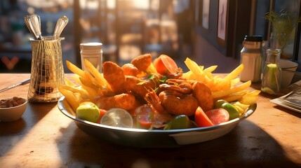 Fried chicken wings with french fries and vegetables on a wooden table - obrazy, fototapety, plakaty