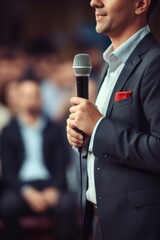 man with microphone at public speaking Generative AI