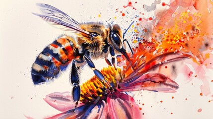 A dynamic watercolor painting of a bee pollinating a flower, bursting with vibrant colors and energy.