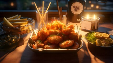 Fried chicken nuggets on a wooden table with a glass of beer, lemon and a bottle of wine - obrazy, fototapety, plakaty