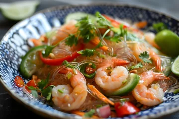 Deurstickers Yum Woon Sen:Spicy and Flavorful Glass Noodle Salad with Shrimp and Tangy Lime Dressing © Mickey