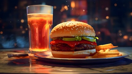hamburger with french fries and a glass of beer on the table - obrazy, fototapety, plakaty