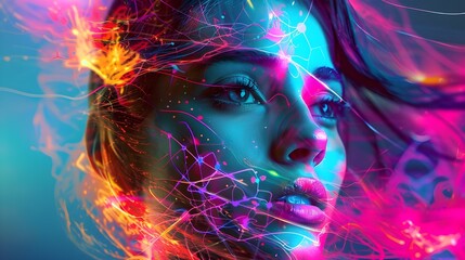 The psychedelic portrait, permeated with bright neon shades and neural networks, is an artificial...