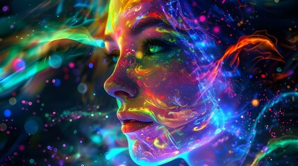 The portrait in psychedelic style, interacting with neon colors and images of neural connections,...