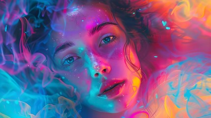 The psychedelic image, surrounded by bright neon colors and neural networks, reflects the interaction between the aesthetics of the modern world and the inner world of human consciousness.