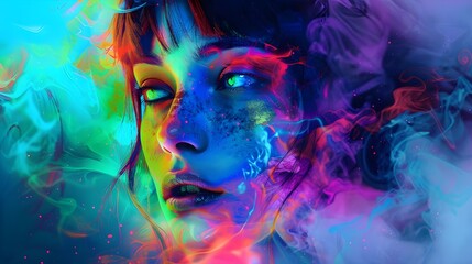 The portrait of a woman in the world of dreams, where bright neon colors are present, merges with images of neural networks, creating an interesting combination between reality and fantasy.