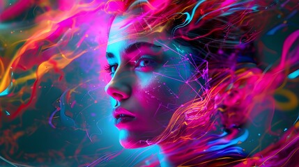 The female image in the world of neural networks, animated by psychedelic tones, calls for exploring the digital facets of imagination. - obrazy, fototapety, plakaty