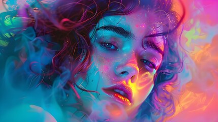 In the surreal world of psychedelics, the female form, surrounded by bright neon reflections, becomes a symbol of fantasy reality.