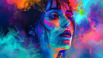 The female image in a psychedelic context with neon coloring attracts the eye with its mysterious...