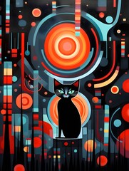 Abstract background with black cat and colorful geometric shapes. Vector illustration.