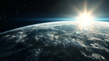 The sun shines brightly over the Earth in this dynamic space perspective, showcasing the planets...