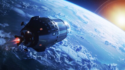 A detailed artists interpretation of a futuristic space station (satellite) floating in Earths orbit. The space station is surrounded by stars and illuminated by the sun, showcasing its intricate