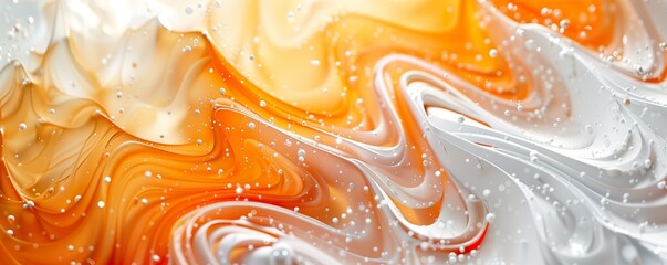 Abstract orange and background with fluid swirls and bubbles. Caramel and milk backdrop