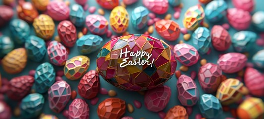 Happy Easter text and Easter Egg Stained Glass greeting card banner. Flat lay design mockup with Easter eggs creating a stained glass art effect. Happy Easter greeting card