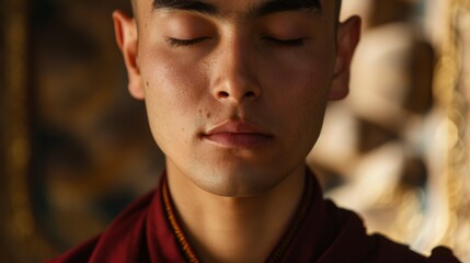 Close-up of a Buddhist monk meditating, radiating tranquility and contemplation in the warm glow of Vesak celebrations.