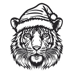 Tiger Head Wearing Santa Hat in Line Art Style - Minimalist Black and White Vector Illustration