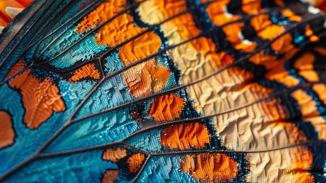 Closeup on the mesmerizing texture of a butterflys wings, showcasing the vibrant colors and detailed patterns