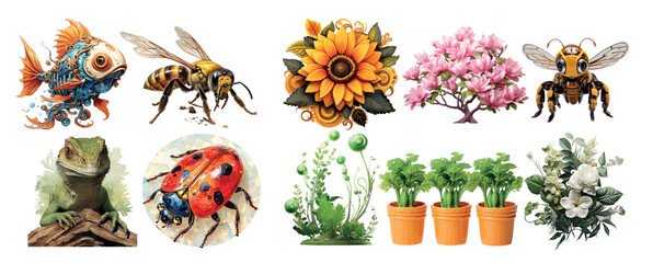 Vibrant Collection of Nature-Inspired Illustrations Featuring Insects, Flowers, and Reptiles, Perfect for Educational and Decorative