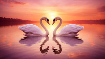Deux cygnes face à face sur un lac, devant un beau coucher de soleil. Amour, forme de coeur. Animaux, sauvage, oiseau. Pour conception et création graphique.