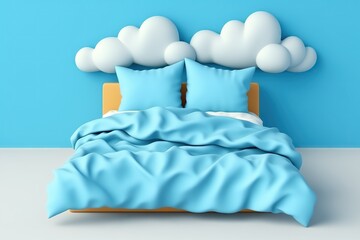 Cozy children bedroom interior with comfortable pastel bed and cloudy decorations on blue walls