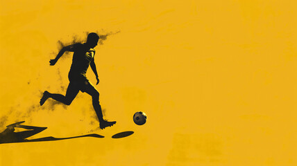 Silhouette of a soccer player dribbling on a vibrant yellow background.