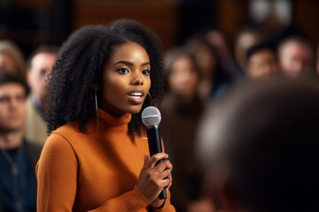 woman with microphone at public speaking Generative AI