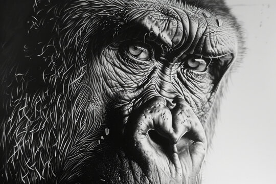 a black and white gorilla drawing, resembling a realistic oil image detailed character showcases the artist s ability to convey emotion through