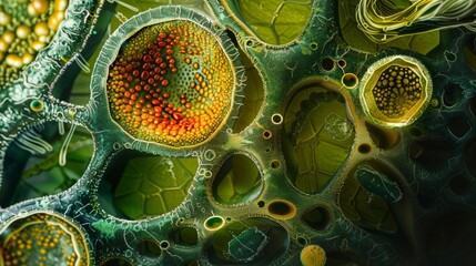 Highresolution crosssection of a plant cell, emphasizing chloroplast and mitochondrias synergy, under a microscopic lens