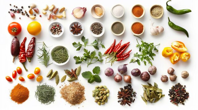Highresolution image capturing an array of fresh food ingredients, from vibrant vegetables to spices, neatly arranged on a white background