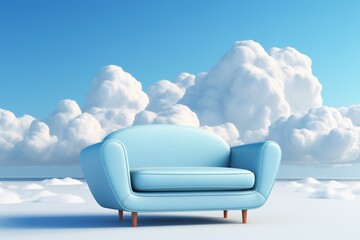 Cozy pastel blue sofa in the sunny living room with sky view