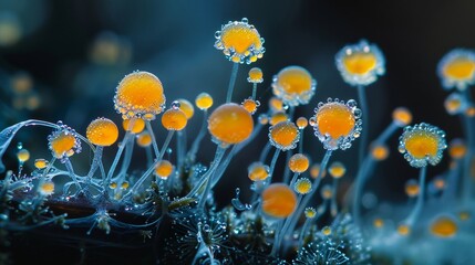 Intimate glimpse into the world of Stemonitis slime mold, with droplets reflecting its surreal, filamentous structures - obrazy, fototapety, plakaty