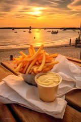 French fries with gravy on a wooden style. With the sea, beach and sunset in the background.