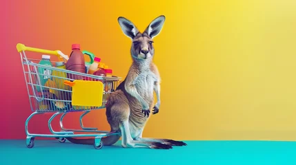 Fotobehang Kangaroo navigating a shopping cart filled with colorful groceries, against a bright, solid color background for contrast © Jenjira